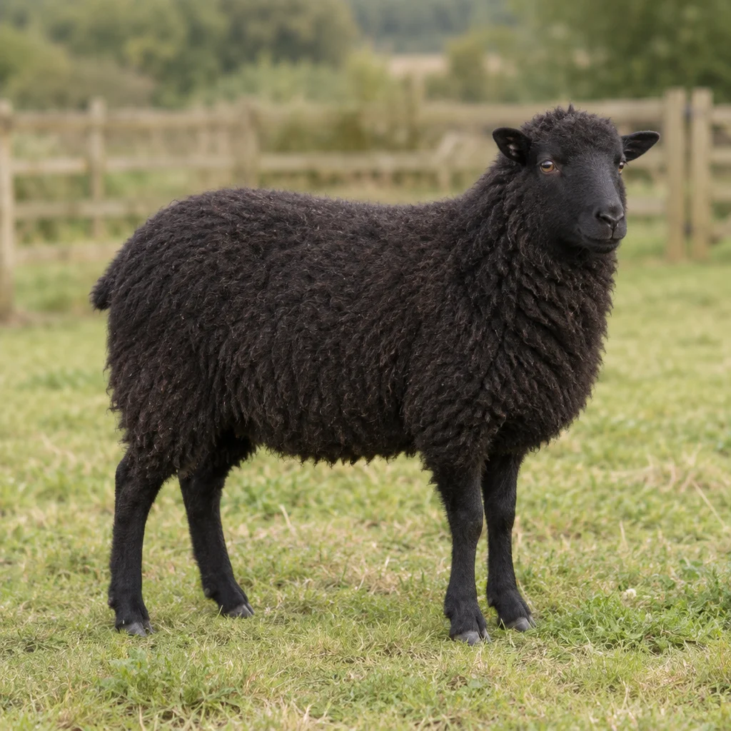 Een zwart schaap zonder hoorns staat met vier zichtbare poten in een grasweide, voor een houten hek.