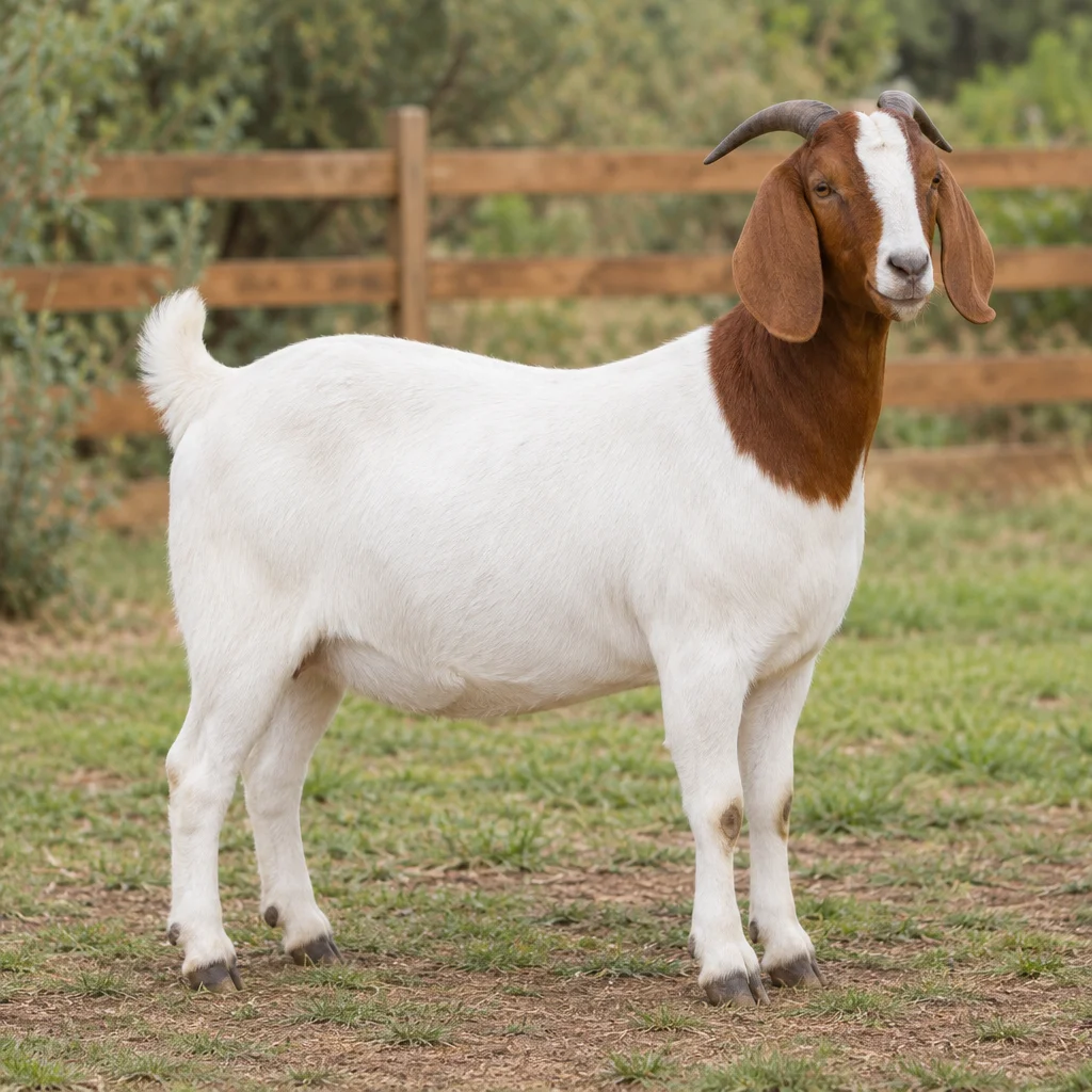 Witte geit met een roodbruine kop, hangoren en twee naar achteren gebogen hoorns, staand op gras voor een houten hek.