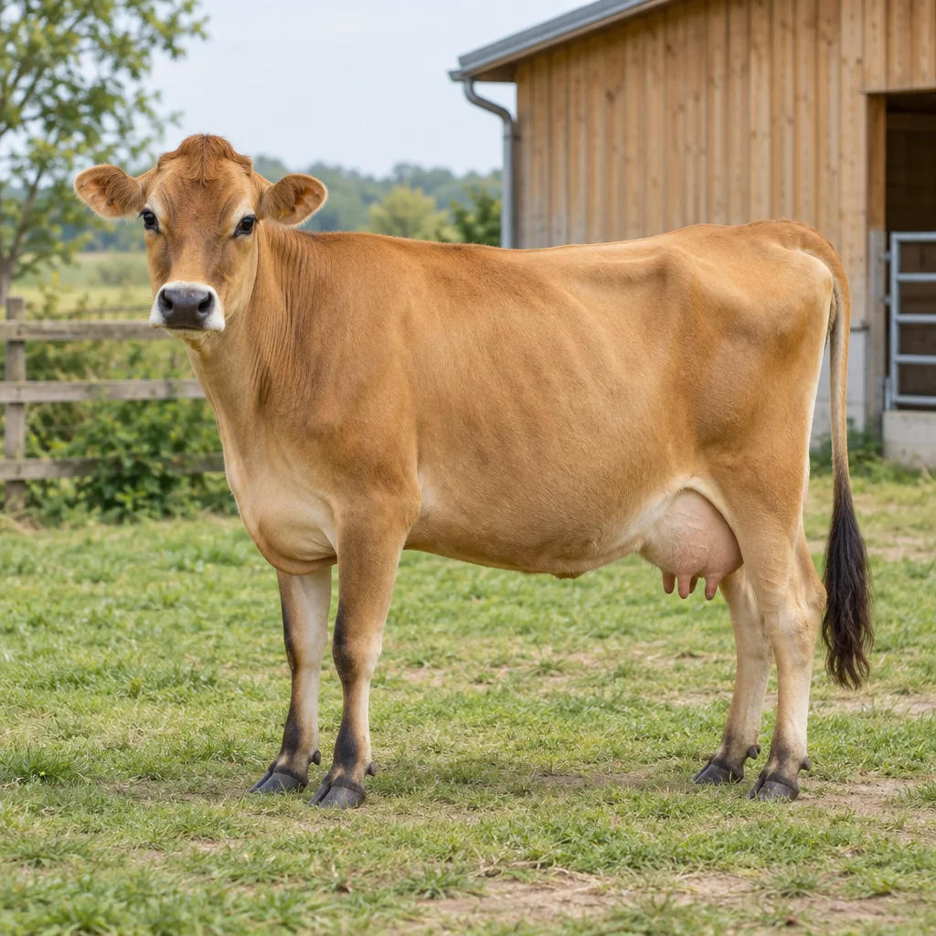 Illustratie van een lichtbruine Jersey koe met zichtbaar uier op gras bij een houten stal.