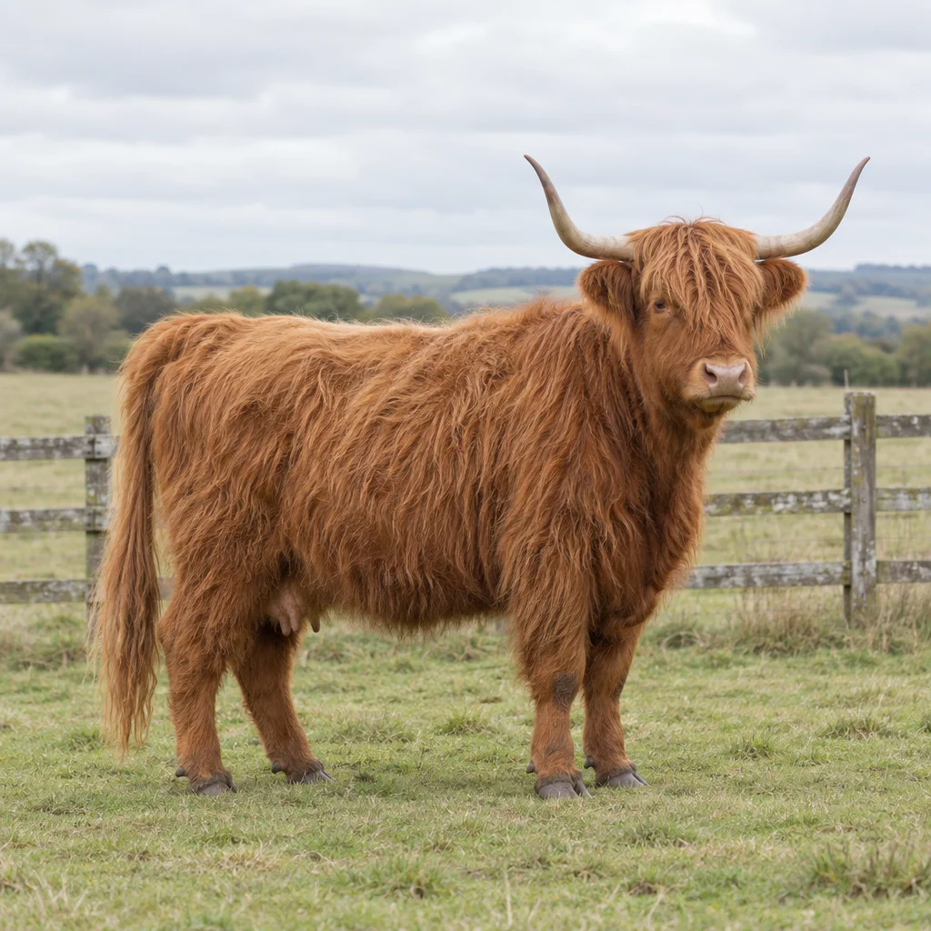 Een roodbruin, langharig rund met omhoog gebogen hoorns staat in een weiland voor een houten hek.
