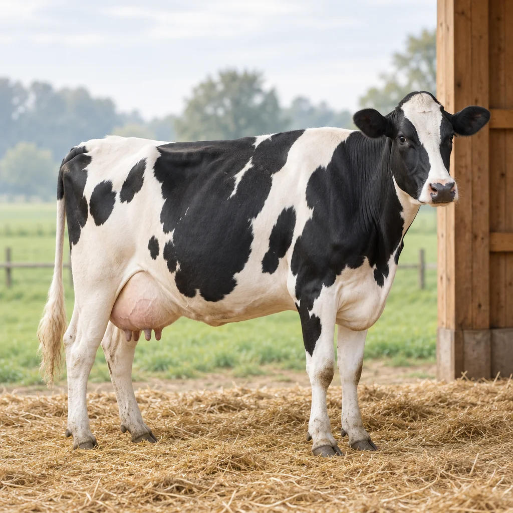 Zwartbonte koe staat op stro bij een houten stal, met groen weiland op de achtergrond.