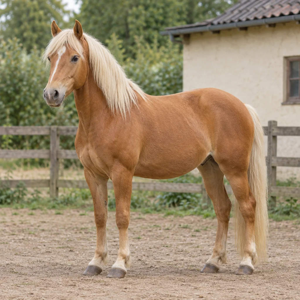 Een voskleurig paard met lichte manen en staart staat met vier zichtbare hoeven in een paddock, voor een houten hek en een stal.