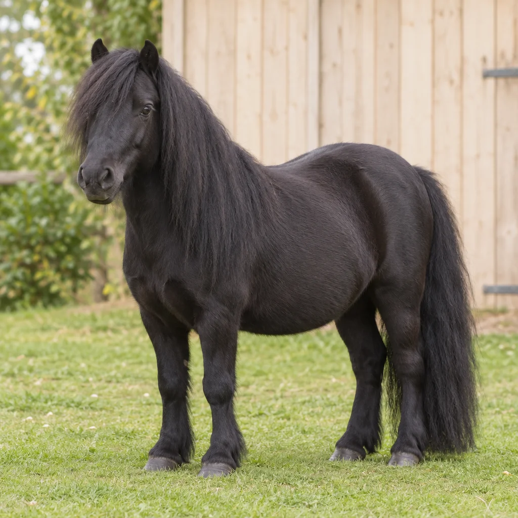Zwarte pony met lange manen en staart staat op gras voor een lichte houten wand.