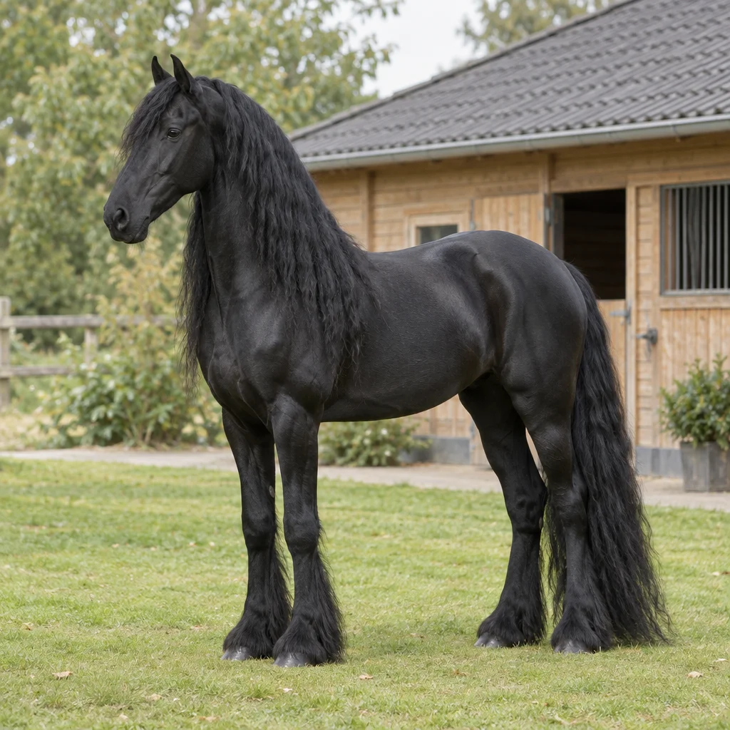 Zwart paard met lange manen, volle staart en beharing rond de hoeven staat op gras voor een houten stal.