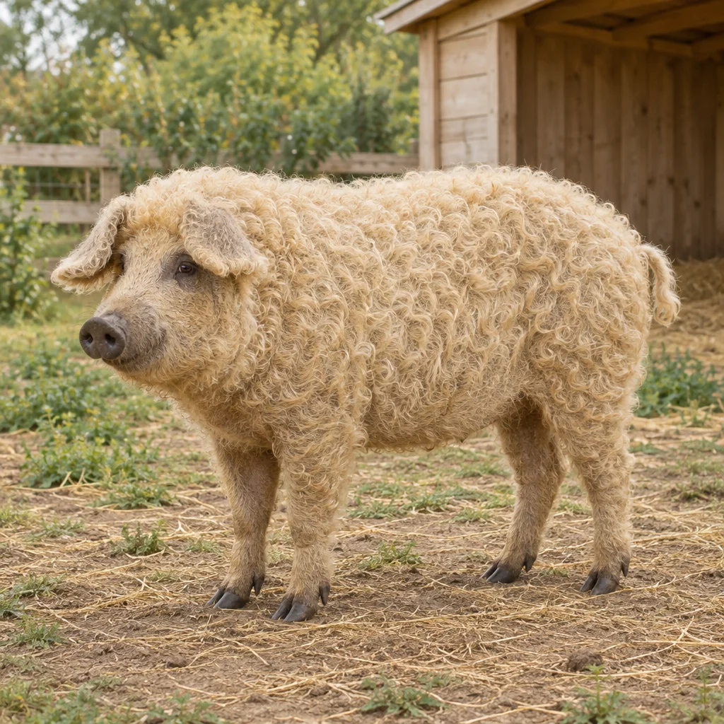 Lichtgekleurd varken met een krullende vacht en donkere hoeven staat voor een houten schuilplaats.