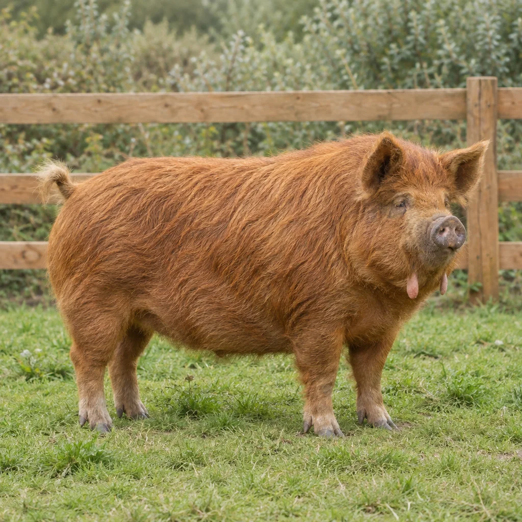 Een roodbruin, langharig varken staat met alle vier de poten zichtbaar op gras voor een houten hek. Onder de kaak hangen twee kleine lellen.