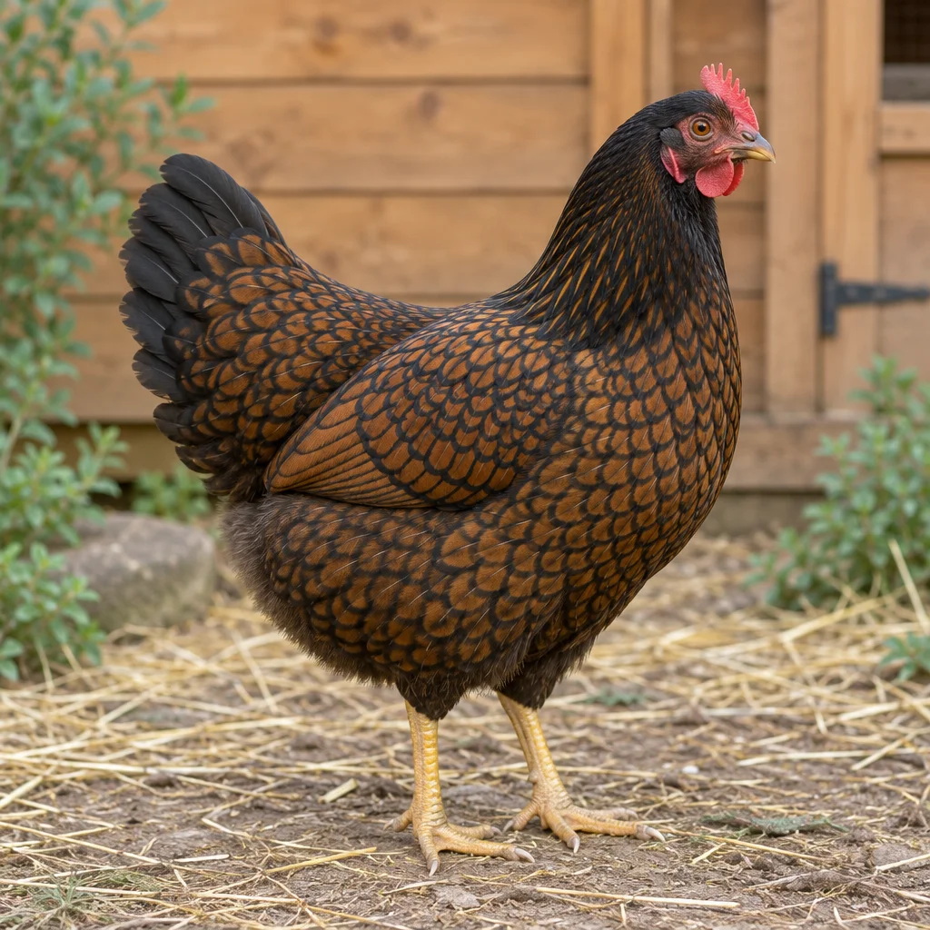 Bruine hen met zwarte veertekening, een rode kam en gele poten, staand op stro voor een houten kippenhok.