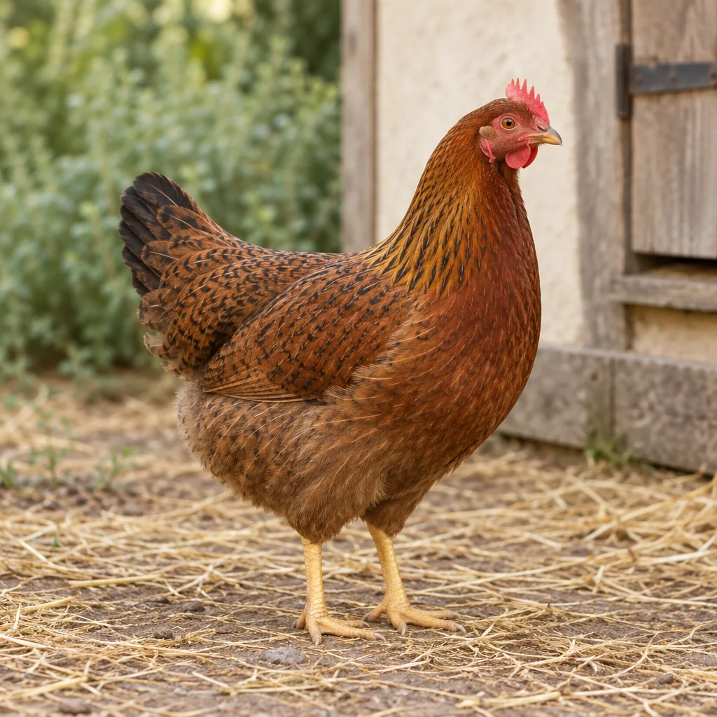 Roodbruine hen met donkere veertekening, een rode kam en gele poten op stro bij een houten kippenhok.