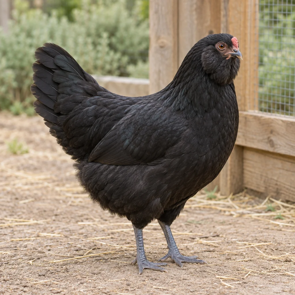 Zwarte hen met volle wangveren, een kleine rode kam, een staart en leigrijze poten op een erf bij een houten kippenren.