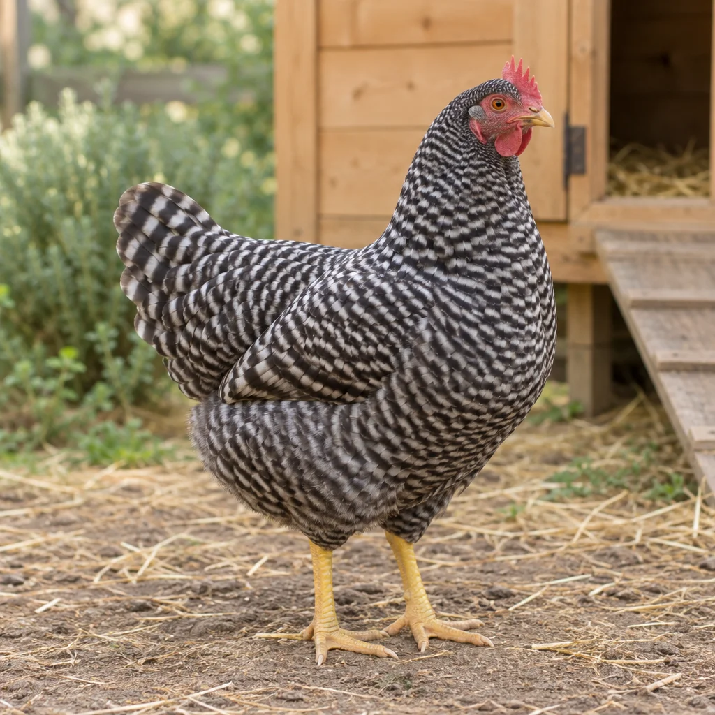 Een zwart wit gestreepte Plymouth Rock hen staat met beide poten zichtbaar op aarde en stro bij een houten kippenhok.