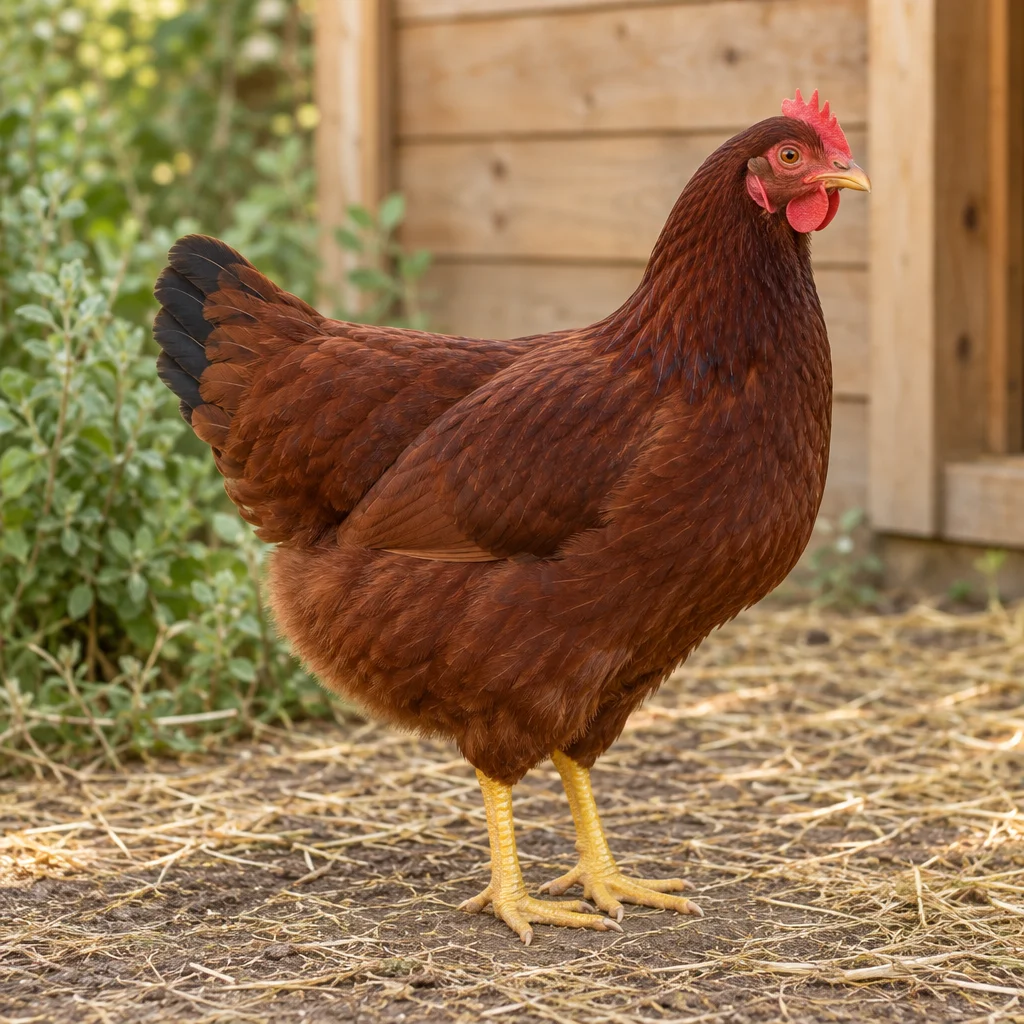 Een roodbruine hen met donkere staartveren, een rode kam en gele poten staat op stro voor een houten kippenhok.