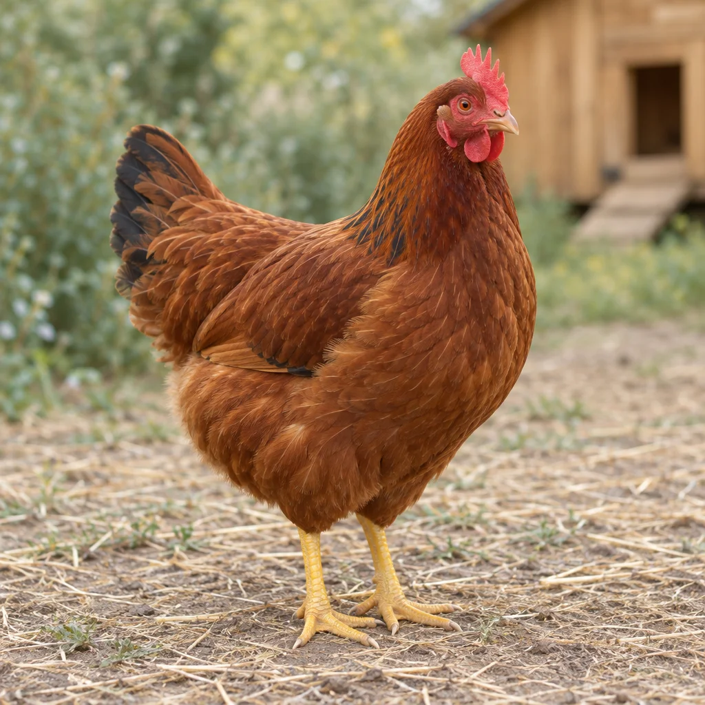 Een roodbruine hen met een rode enkele kam, donkere staartveren en gele poten staat op een erf.