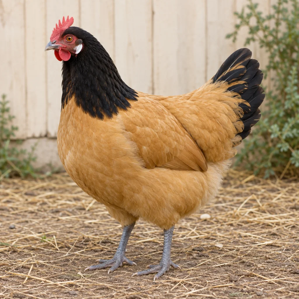 Een goudgele hen met zwarte kop, hals en staart, een rode kam en leiblauwe poten staat op stro voor een houten wand.