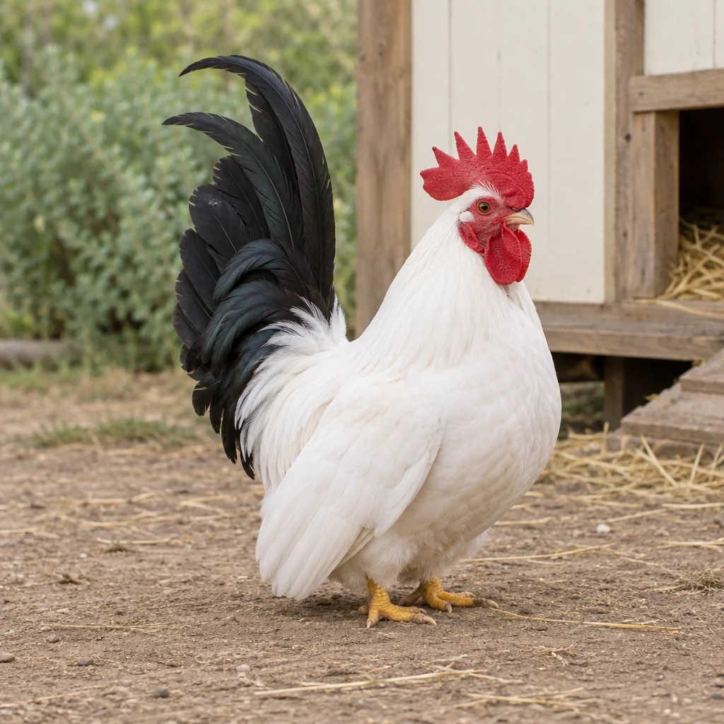 Witte haan met zwarte, rechtopstaande staart, rode kam en korte gele poten bij een kippenhok.