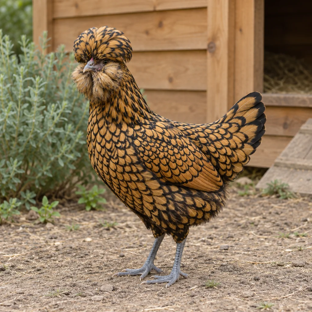 Goudkleurige kip met zwarte veerranden, een ronde kuif, volle baard en blauwgrijze poten op een erf bij een houten hok.