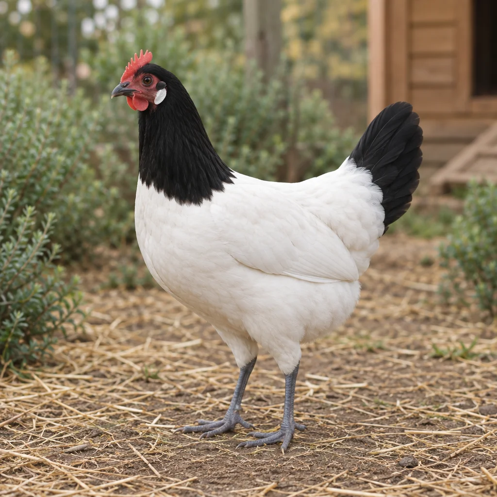 Zwart witte hen met een zwarte kop, hals en staart, witte romp en blauwgrijze poten in een uitloop met stro.