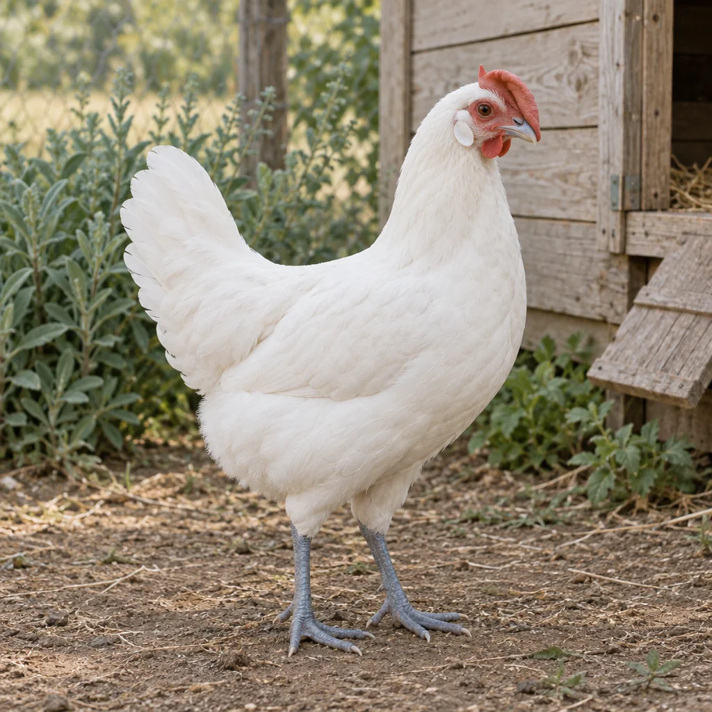 Illustratie van een witte Bresse Gauloise hen met blauwgrijze poten en een opzij vallende rode kam bij een houten kippenhok.