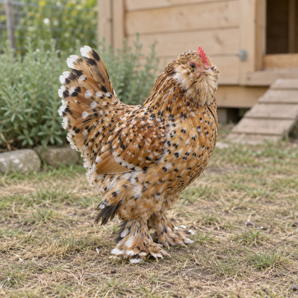 Een kleine hen met een baard, gevlekte veren en sterk bevederde poten staat op droog gras voor een houten kippenhok.