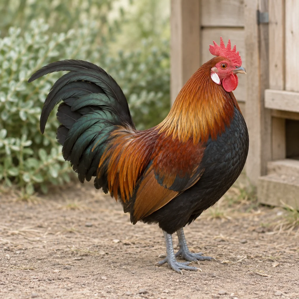 Haan met roodbruine en zwarte veren, een rode kam, witte oorlellen en leiblauwe poten op een erf bij een houten hok.