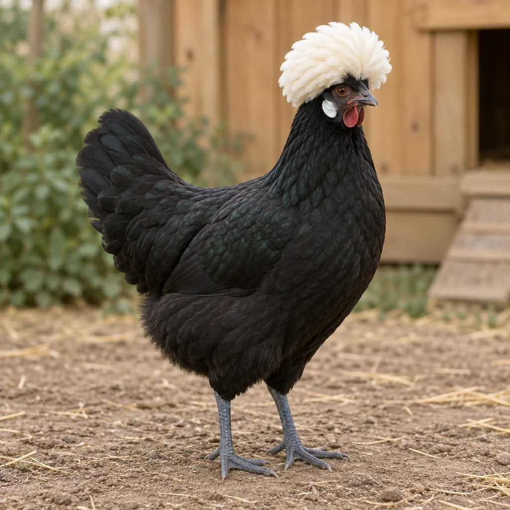 Zwarte hen met een ronde witte kuif en leiblauwe poten, staand op aarde voor een houten kippenhok.