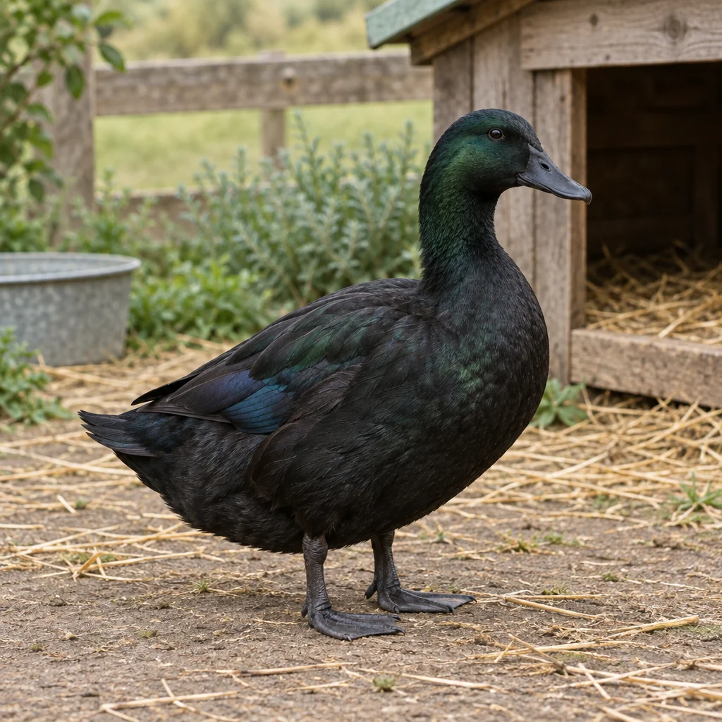 Een zwarte eend met groene glans staat op een erf met stro, naast een houten schuilhok.