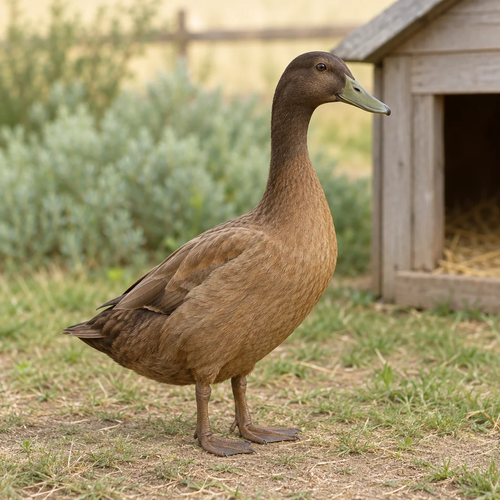 Bruine eend met een donkere kop en olijfgroene snavel staat op gras naast een houten schuilhok.