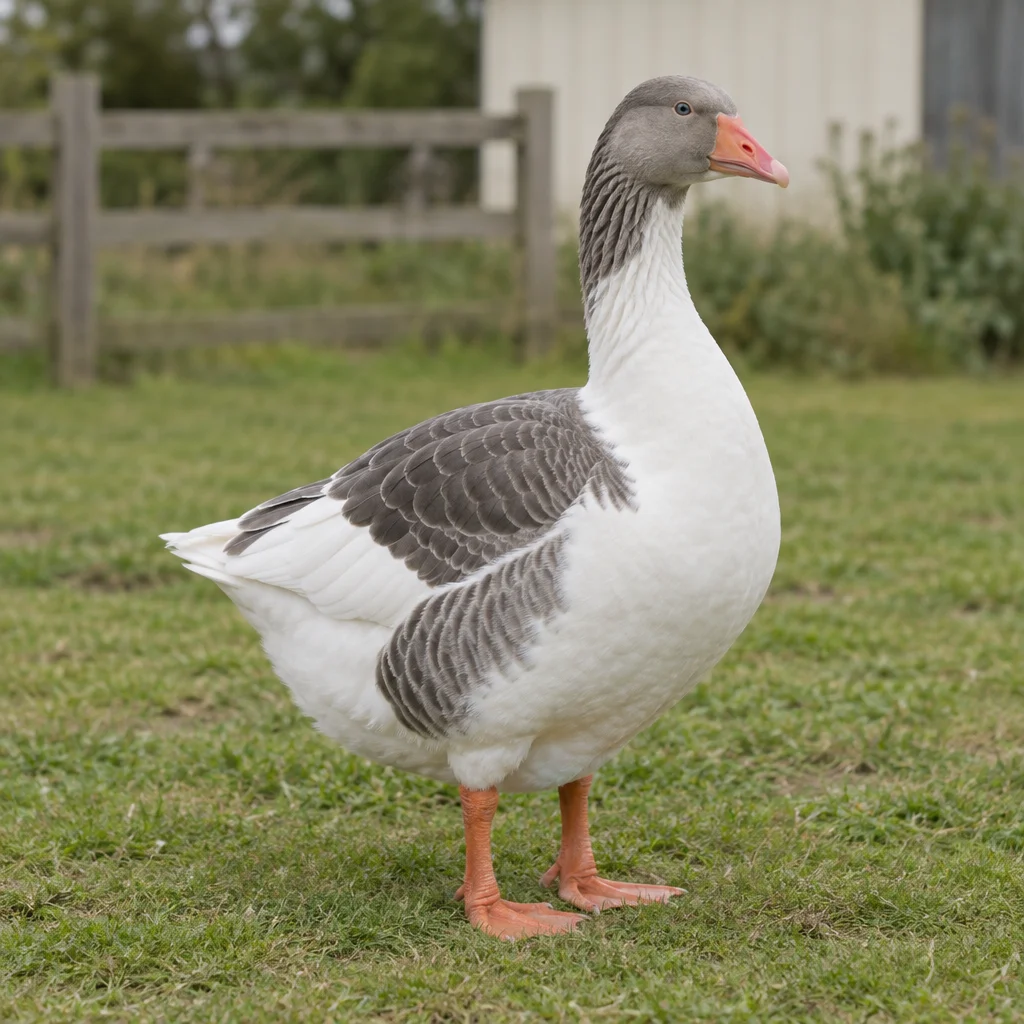 Een gans met een grijze kop en rug, witte borst, roze snavel en oranje poten staat op gras voor een houten hek.