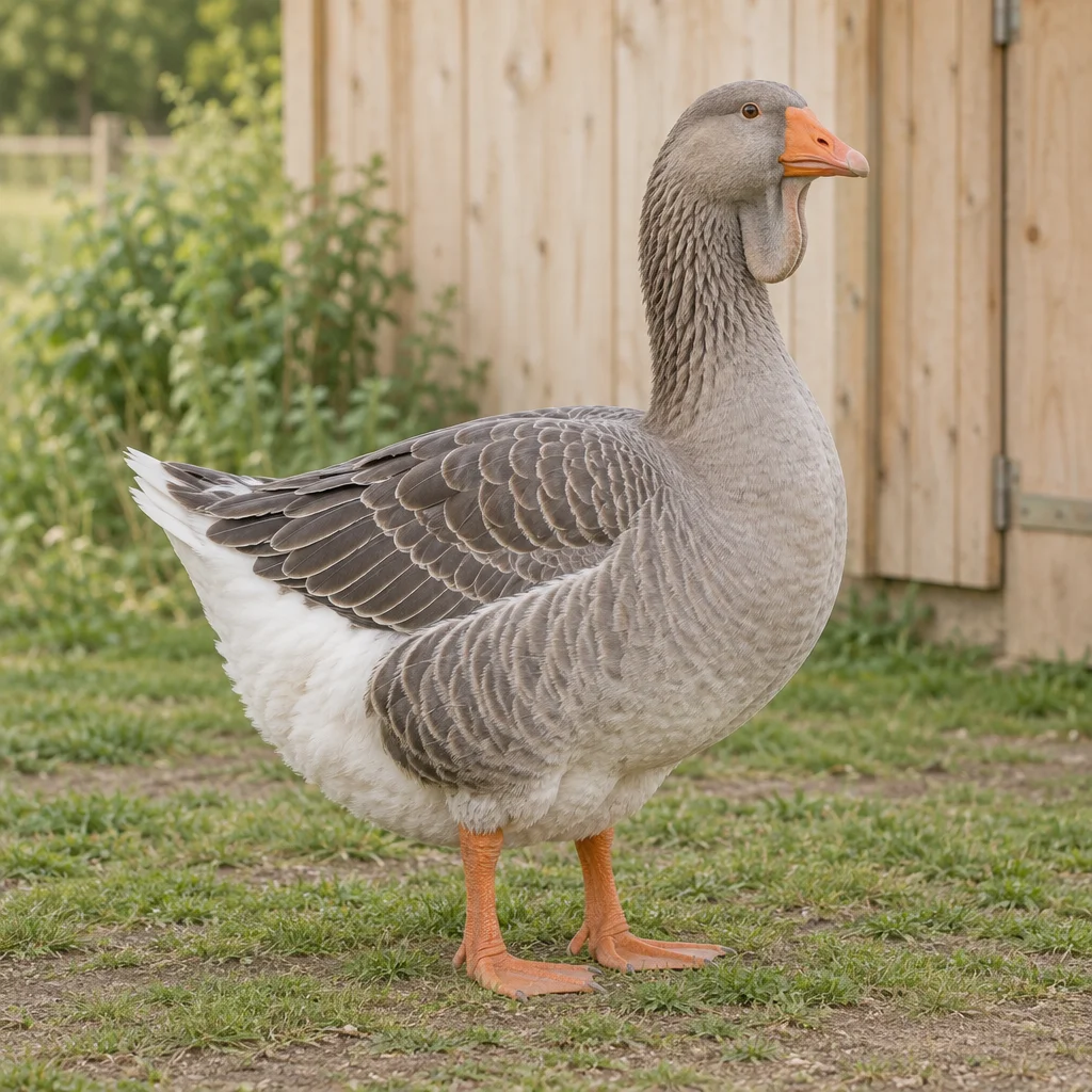 Grijze gans met een huidplooi onder de snavel en oranje poten, staand op gras bij een houten schuur.