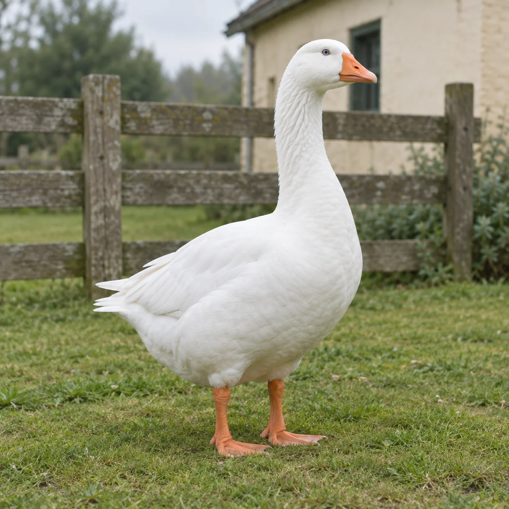 Witte gans met blauwe ogen, een oranje snavel en oranje poten op gras voor een houten hek.