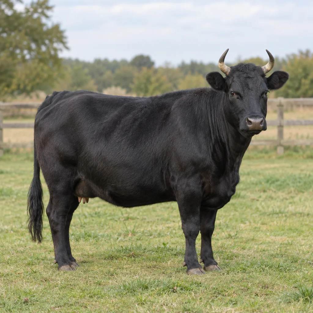 Een zwart rund met gebogen hoorns staat volledig in beeld in een grasweide, met een houten hek op de achtergrond.