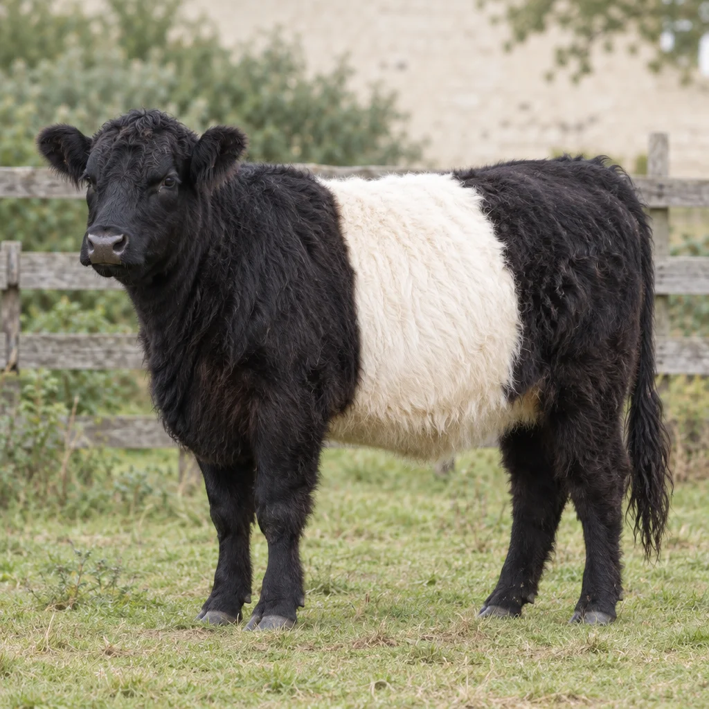 Illustratie van een zwart, ruigharig Belted Galloway rund met een brede witte band om de romp, staand in een grasweide bij een houten hek.