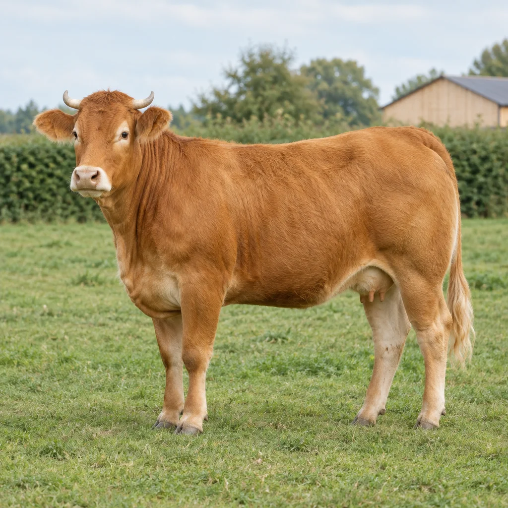 Een roodbruine koe met lichte horens staat in een grasweide, met een haag en een schuur op de achtergrond.
