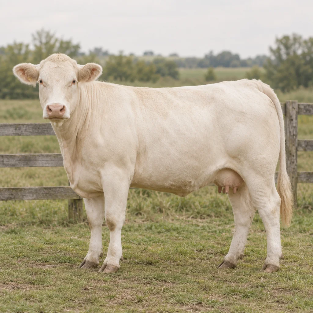 Een roomwit rund staat met het hele lichaam en alle vier de hoeven zichtbaar op gras voor een houten hek.