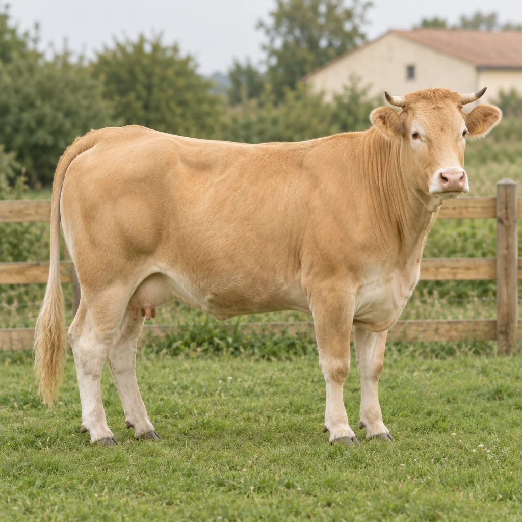 Illustratie van een licht tarwekleurige Blonde d’Aquitaine koe met lichte horens en een roze neus in een omheinde weide.