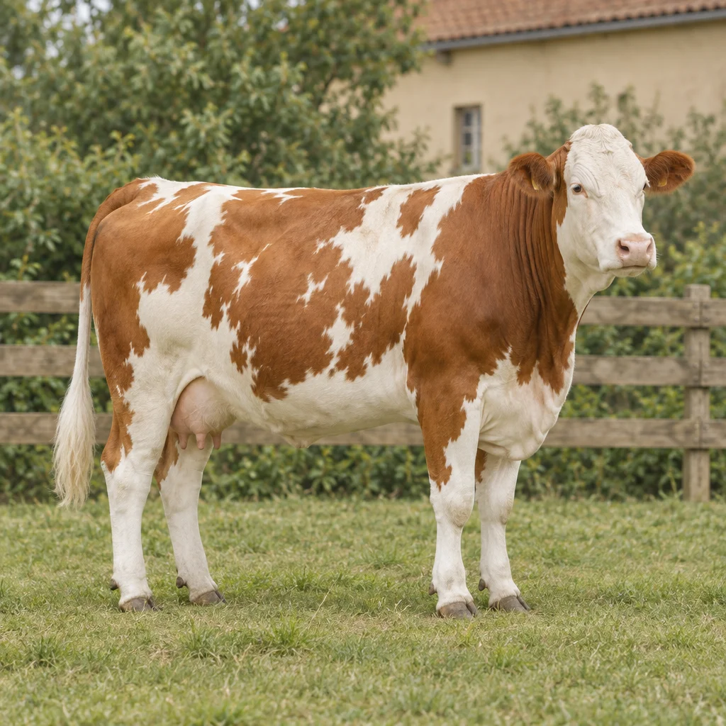 Een roodbruine en witte koe staat met haar hele lichaam zichtbaar in een weiland voor een houten hek.