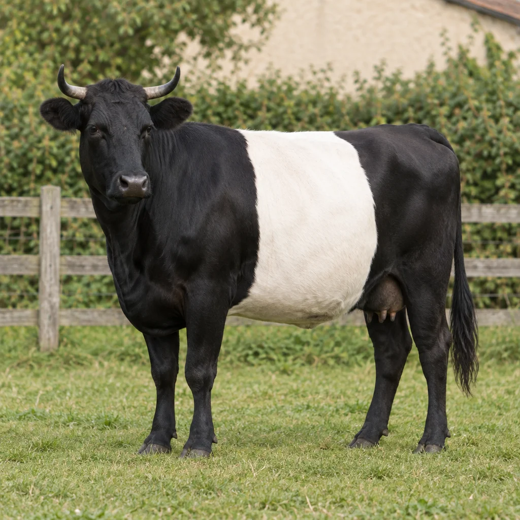 Zwart rund met een brede witte band om de romp staat met vier zichtbare poten in een weiland bij een houten hek.
