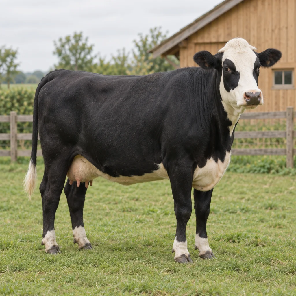 Zwarte koe met een witte kop, zwarte vlekken rond de ogen, witte onderbuik en witte staartpunt in een weide bij een houten schuur.