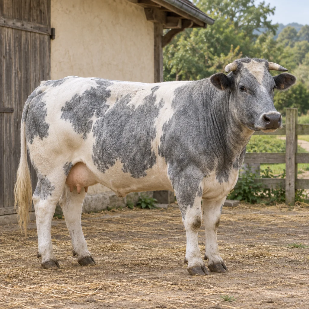 Grijswit rund met korte hoorns staat met alle vier de poten zichtbaar op een erf naast een schuur.