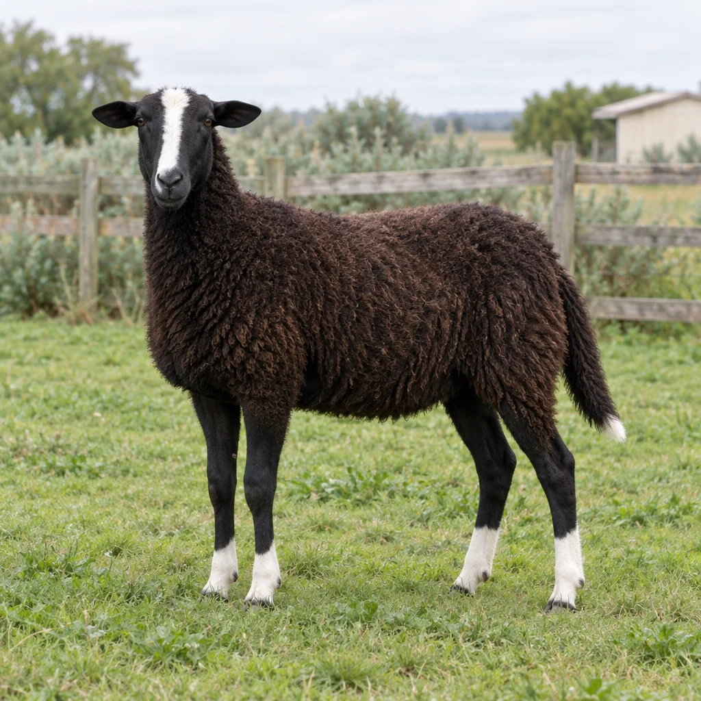 Donkerbruin schaap met een witte bles, vier witte sokken en een witte staartpunt, staand in gras voor een houten hek.