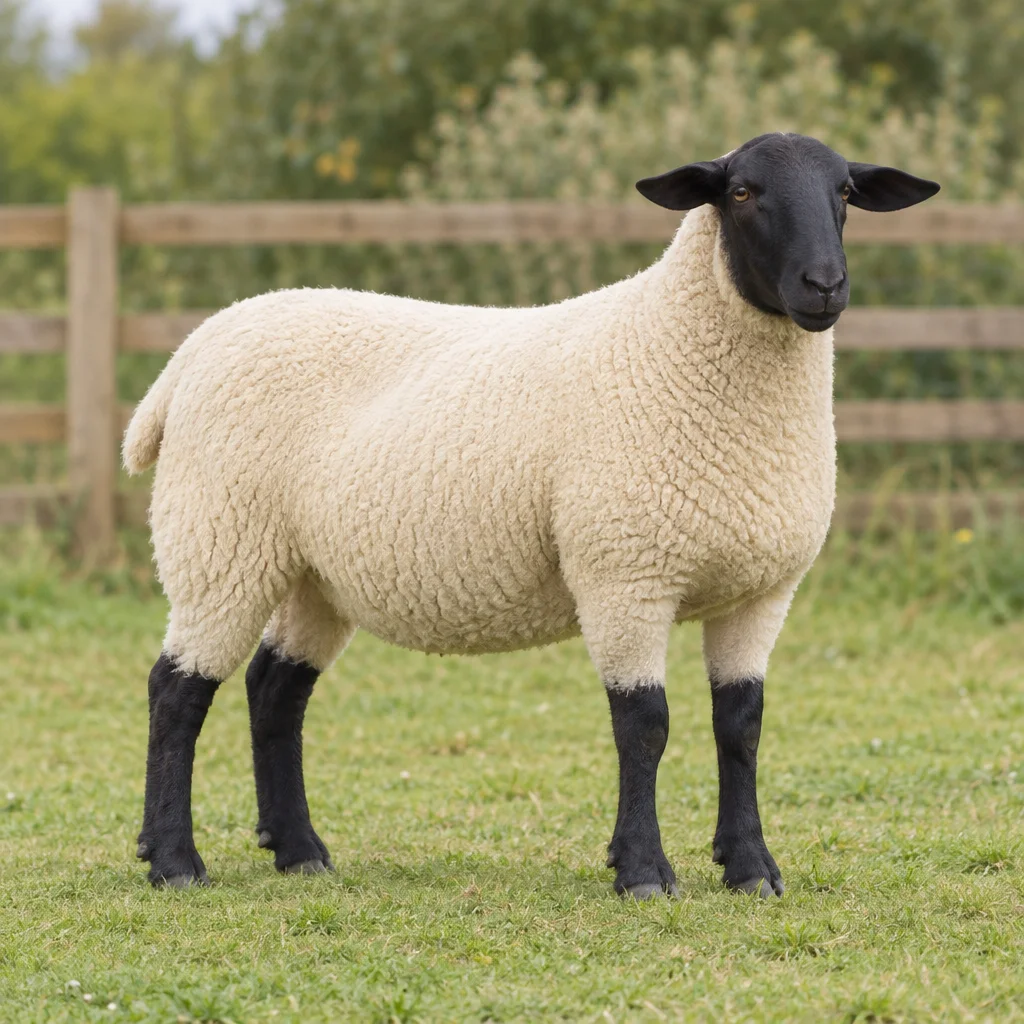 Een schaap met witte wol, een zwarte kop en zwarte poten staat in het gras voor een houten hek.