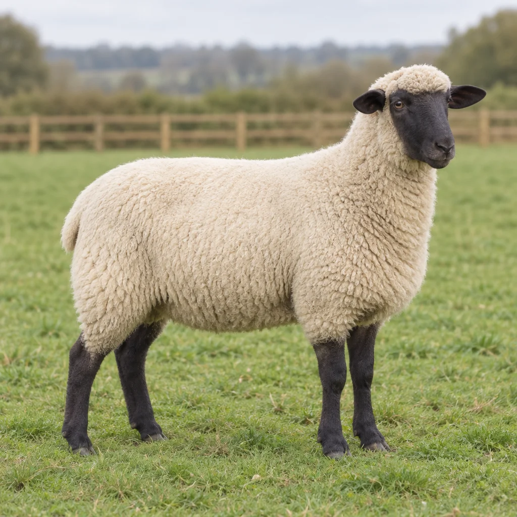 Een schaap met lichte wol, een donkere kop en donkere poten staat in een weiland voor een houten hek.