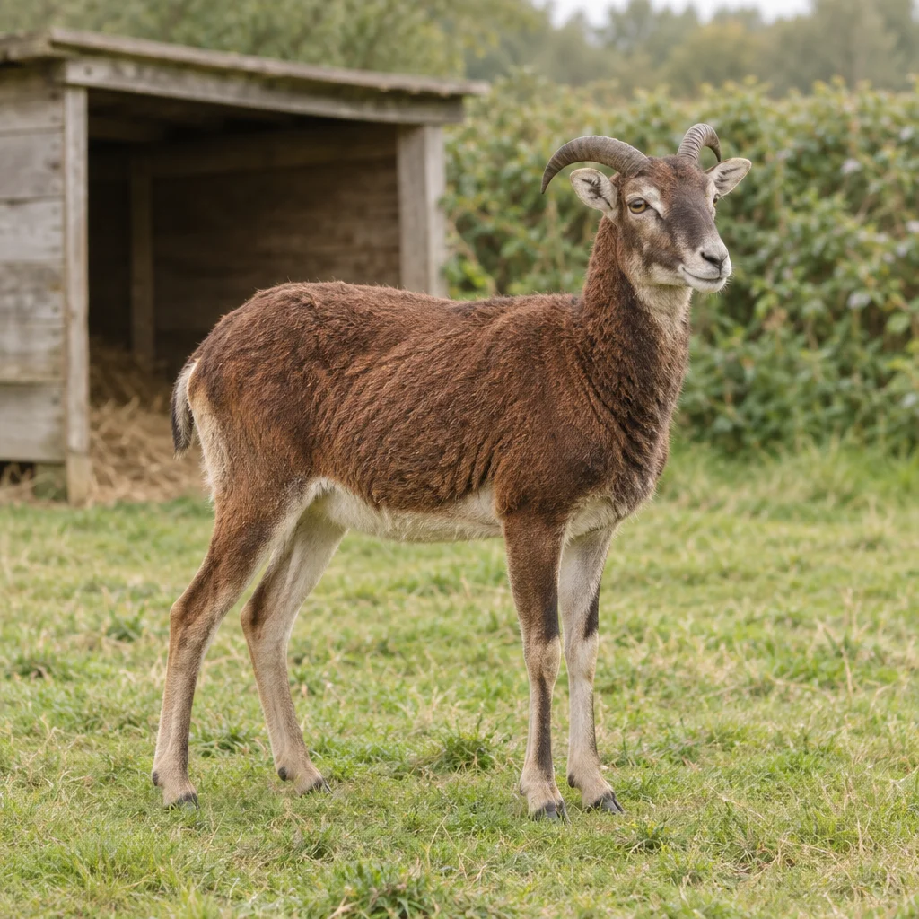 Bruin schaap met twee gebogen hoorns staat in het gras voor een houten schuilhok.