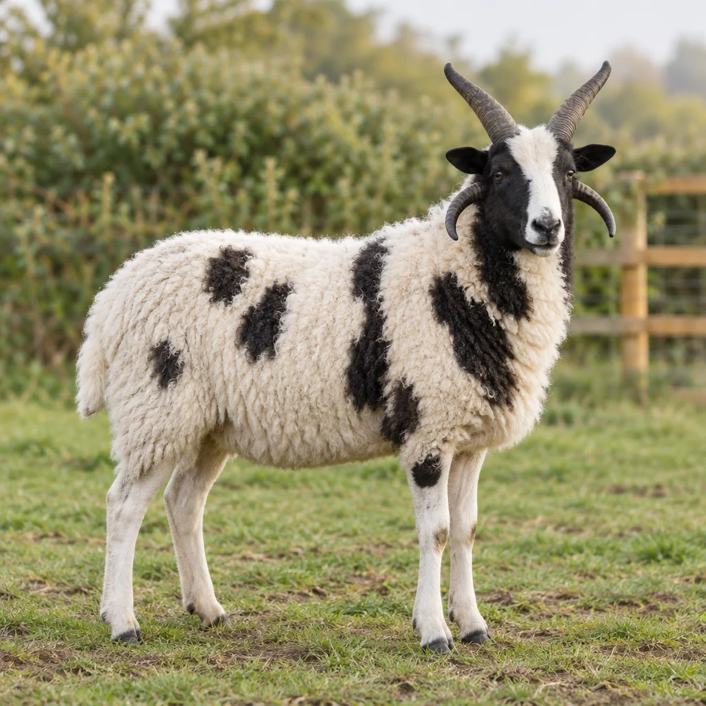 Een zwart wit gevlekt schaap met vier hoorns staat met alle poten zichtbaar in een weiland.