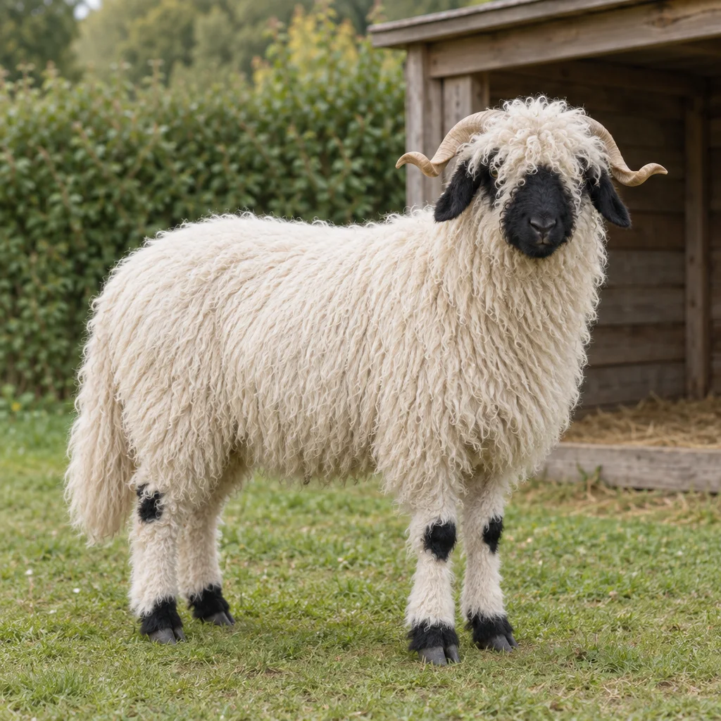 Een wit, langharig schaap met een zwarte snuit en oren, gekrulde horens en zwarte aftekeningen op de poten staat op gras bij een houten schuilplaats.