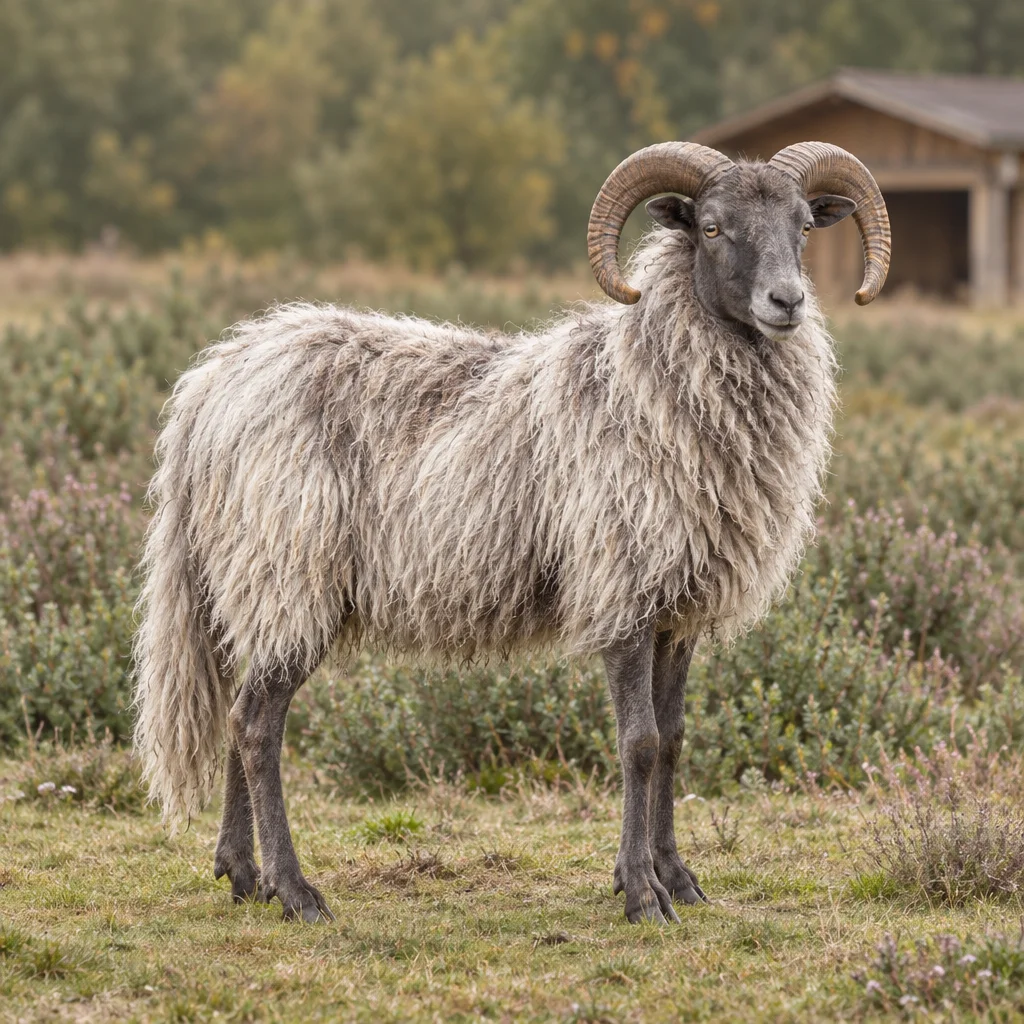 Illustratie van een gehoornde ram met een lange grijswitte vacht en staart op een heideveld.