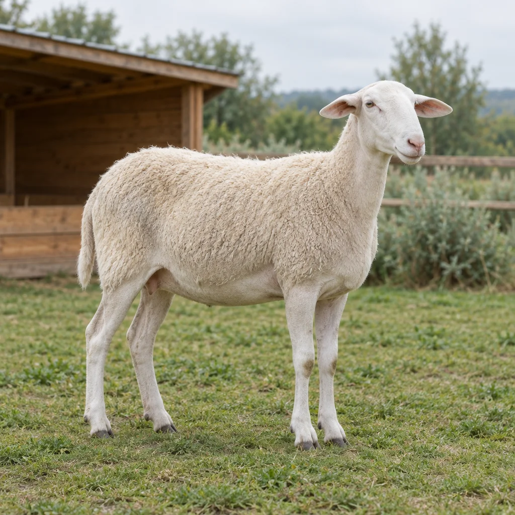 Een wit schaap zonder hoorns staat met het hele lichaam en alle hoeven zichtbaar op gras, voor een houten schuilplaats.