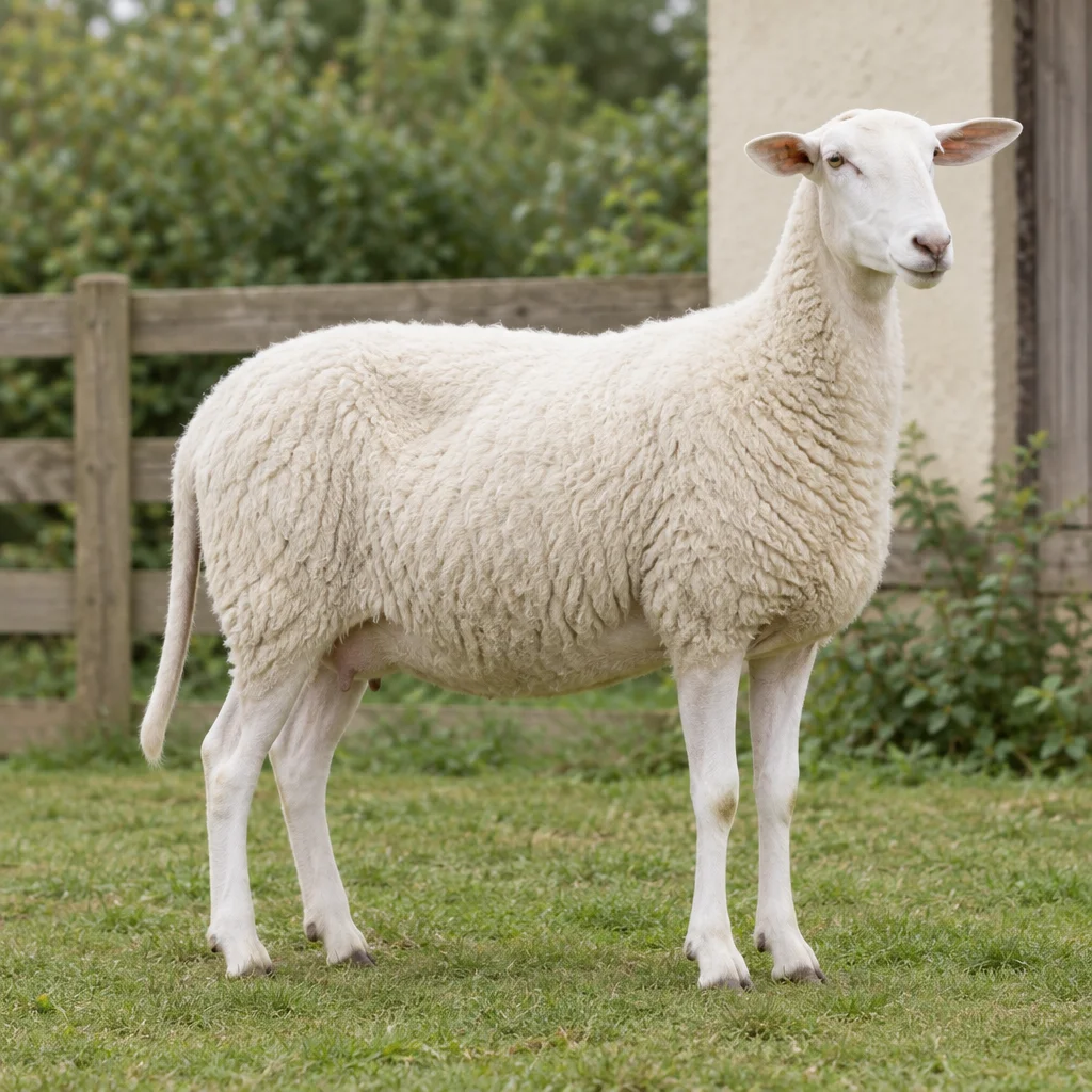 Een wit, hoornloos volwassen schaap staat met alle vier de poten zichtbaar op gras bij een houten hek. Het heeft een onbewolde kop en een lange, dunne staart.