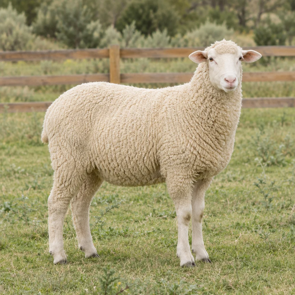Een witwollig schaap staat op gras voor een houten hek, met het hele lichaam en alle vier de poten in beeld.