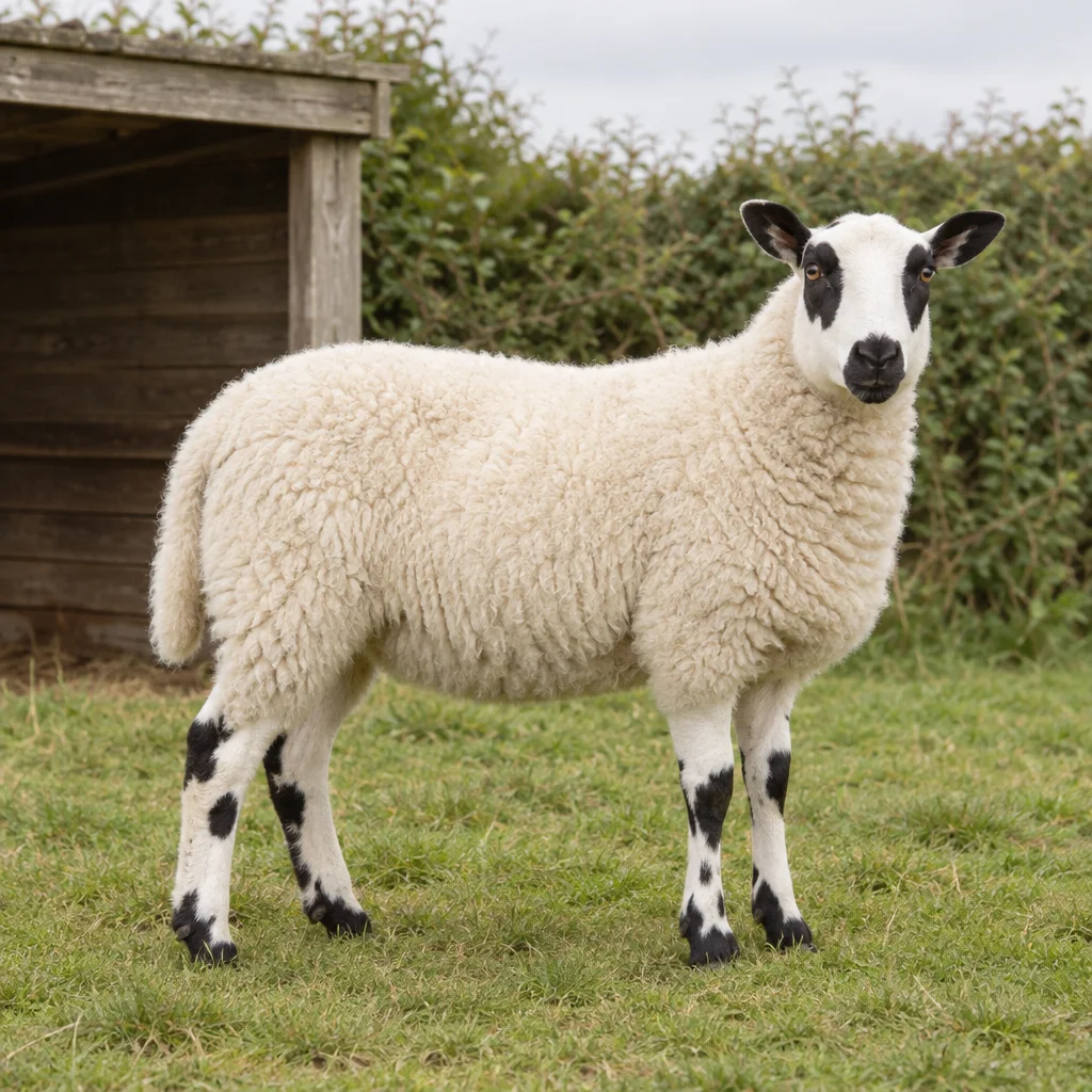 Een wit schaap met zwarte aftekeningen rond de ogen, op de neus en op de poten staat op gras naast een houten schuilhok.