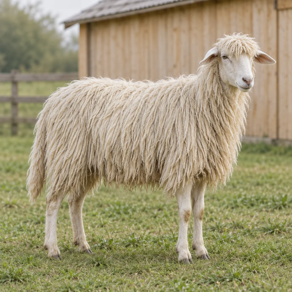 Een wit schaap met lange, hangende wol staat in een grasweide voor een houten schuur.